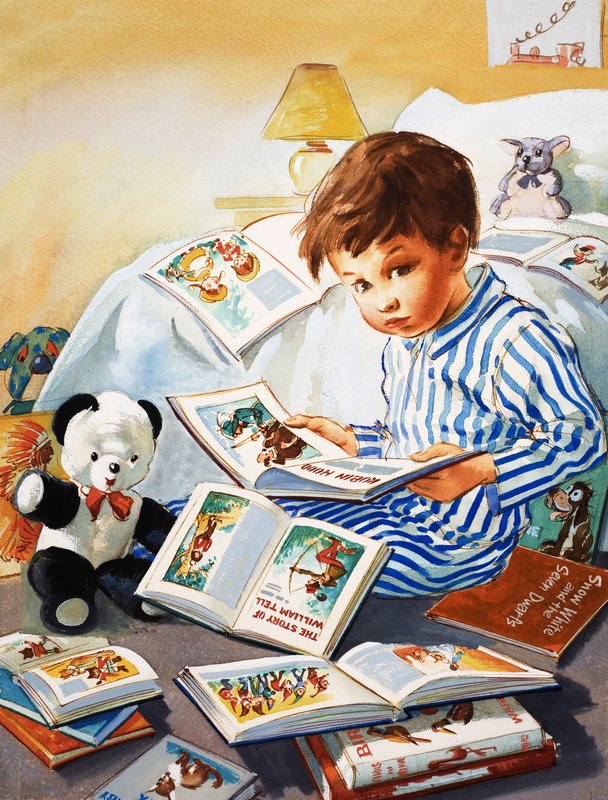 Joven leyendo libros de cuentos de English School