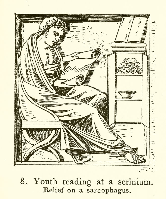 Joven leyendo en un scrinium de English School