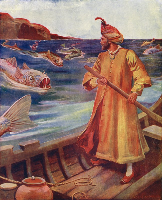 Sindbad ve los peces enormes (litografía en color) de Enoch Ward