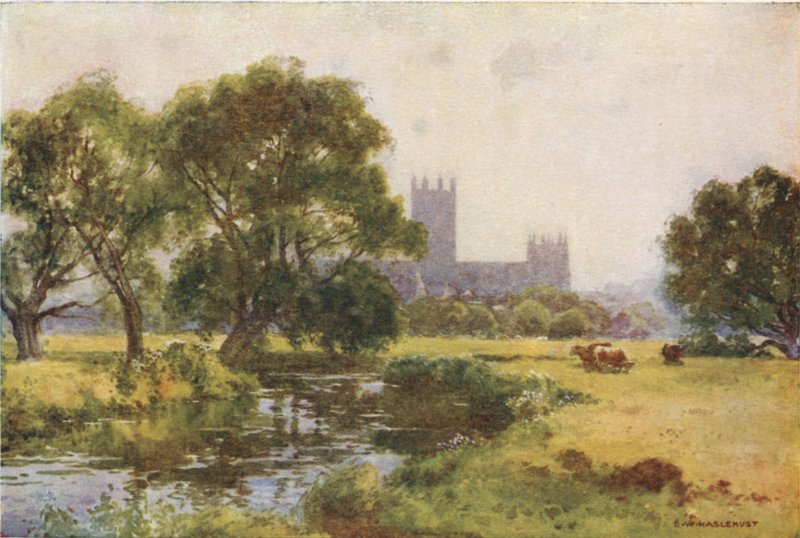 Canterbury desde el Stour (litografía en color) de Ernest William Haslehust