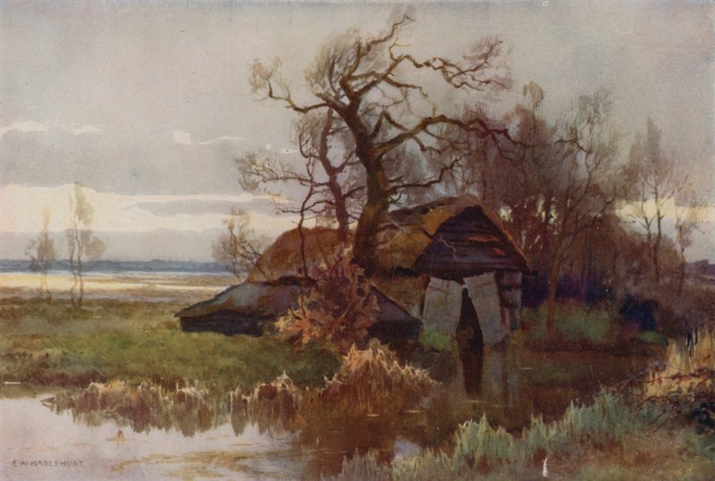 Old Boat-Houses, Barton Broad (litografía en color) de Ernest William Haslehust
