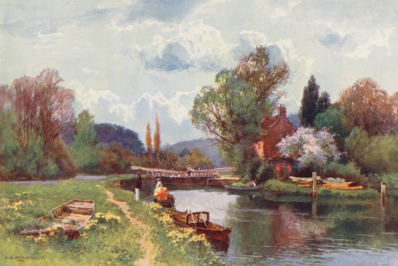 Río Támesis: Hurley Lock (litografía en color) de Ernest William Haslehust