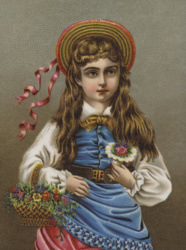 Niña de aspecto serio, sosteniendo un ramo de flores de European School