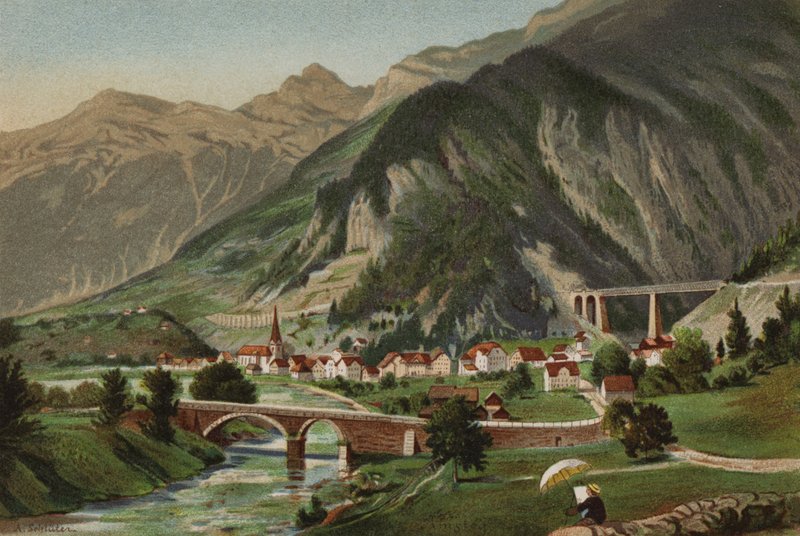 Lago de Lucerna: Amsteg (litografía en color) de European School