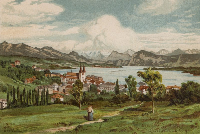 Lago de los Cuatro Cantones: Lucerna (litografía en color) de European School