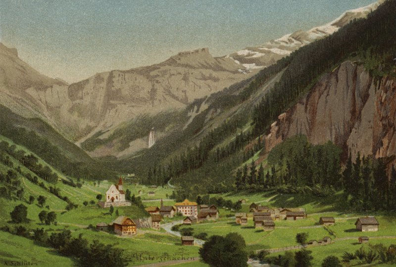 Lago de Lucerna: Unterschachen (litografía en color) de European School