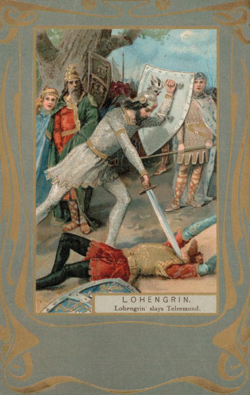 Lohengrin mata a Telremund (litografía en color) de European School