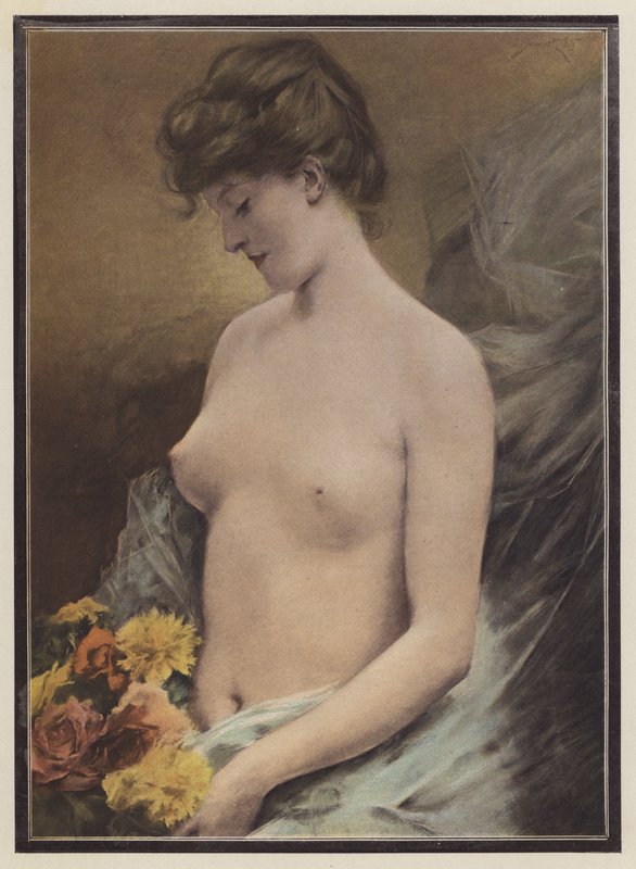 Mujer desnuda con flores (litografia en color) de European School