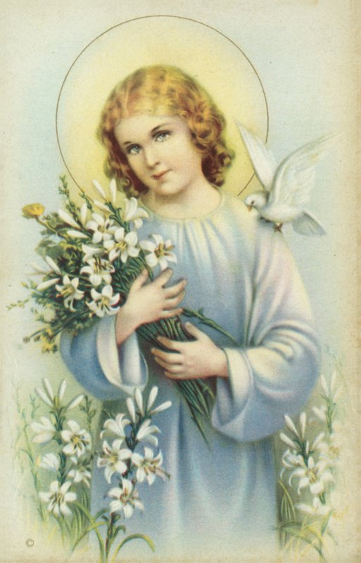 Santa con paloma y flores (litografía en color) de European School