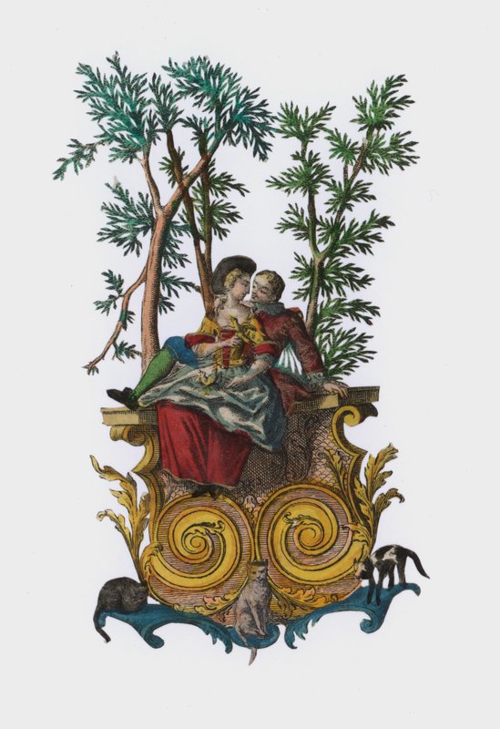 Dos amantes en un jardín (grabado coloreado) de European School