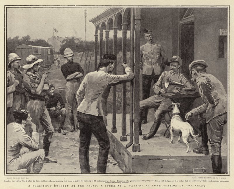 Una novedad científica en el frente, una escena en una estación de tren en el Veldt de Frank Dadd