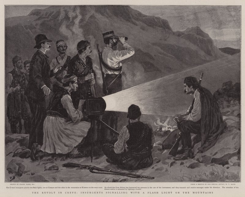 La Revuelta en Creta, Insurgentes señalando con una luz en la montaña de Frank Dadd