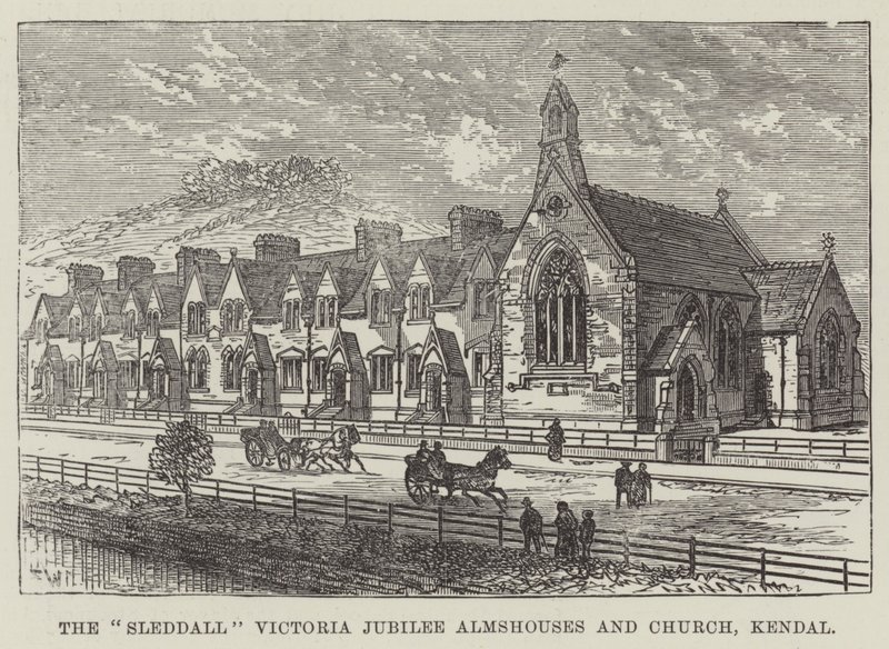 Las casas de beneficencia y la iglesia de Sleddall Victoria Jubilee, Kendal de Frank Watkins