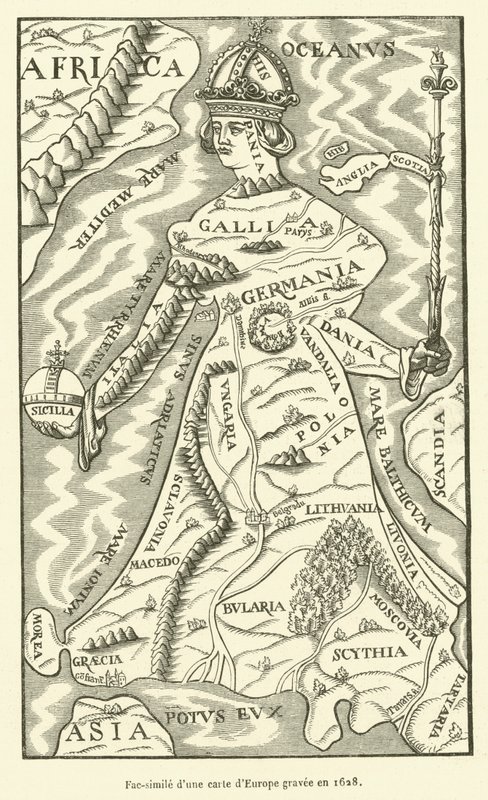 Facsímil de una carta de Europa grabada en 1628 de French School