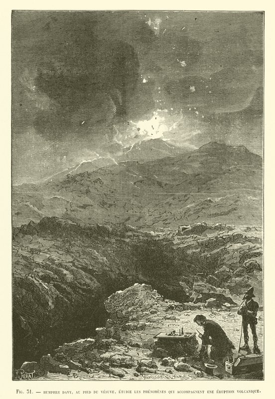 Humphry Davy, al pie del Vesubio, estudia los fenómenos que acompañan una erupción volcánica de French School