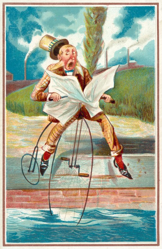 Hombre montando un velocípedo en un canal de French School