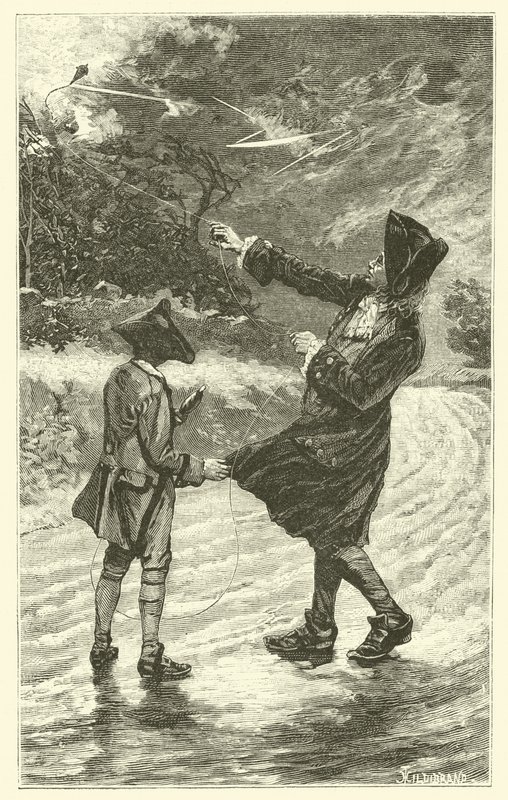 Benjamin Franklin volando su cometa de French School