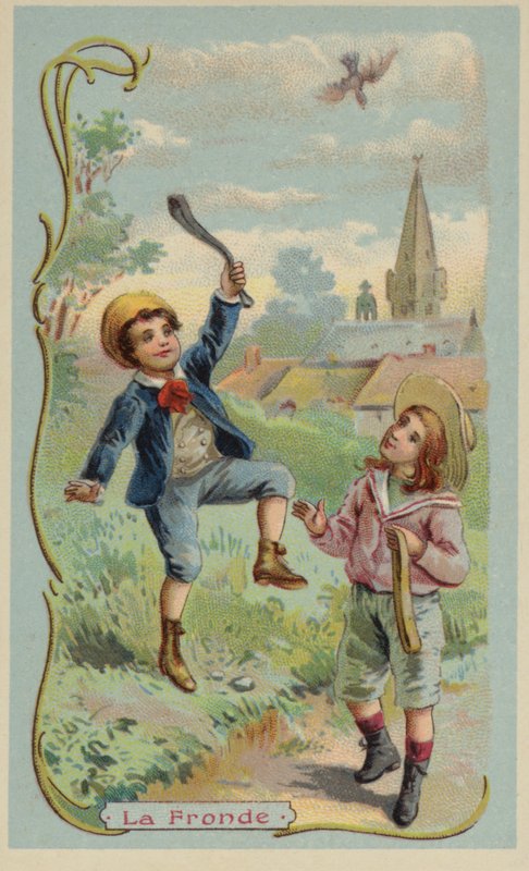 Niño matando un pájaro con una honda de French School
