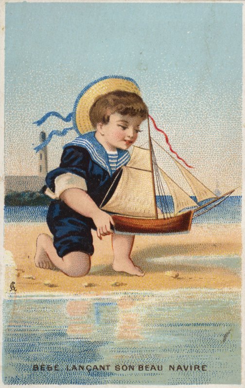 Niño jugando con un barco de vela de juguete de French School