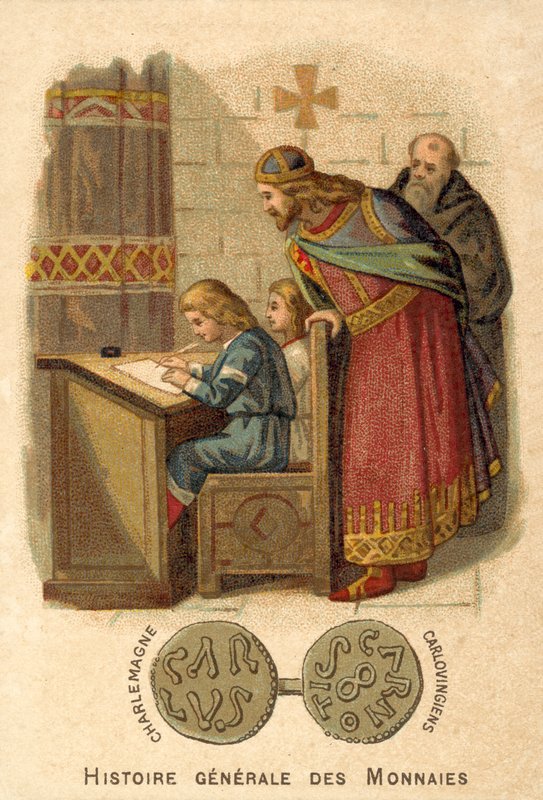 Carlomagno observando a los niños escribiendo en la escuela de French School