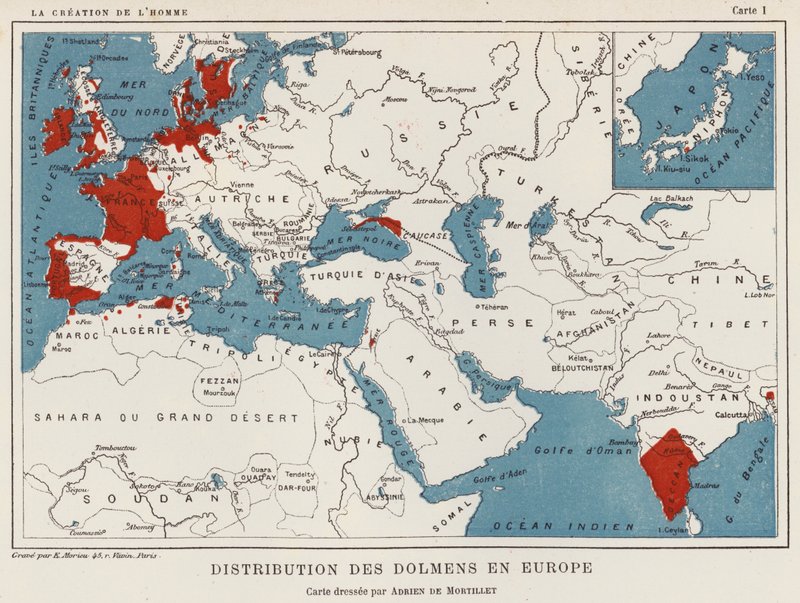 Distribución de los dólmenes en Europa (litografía en color) de French School