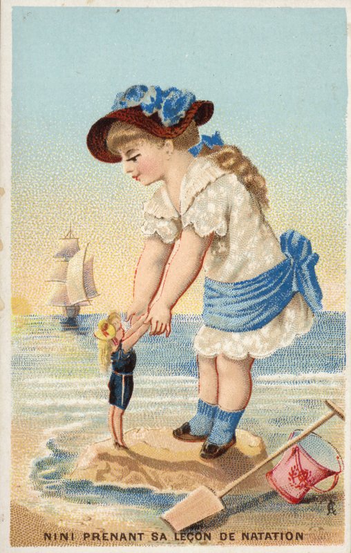 Niña enseñando a nadar a una muñeca de French School