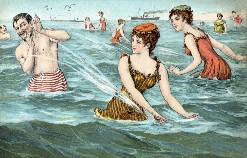 Chicas salpicando a un hombre en el mar de French School