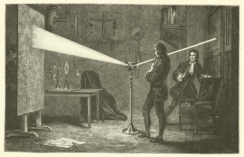 Isaac Newton descompone la luz (grabado) de French School