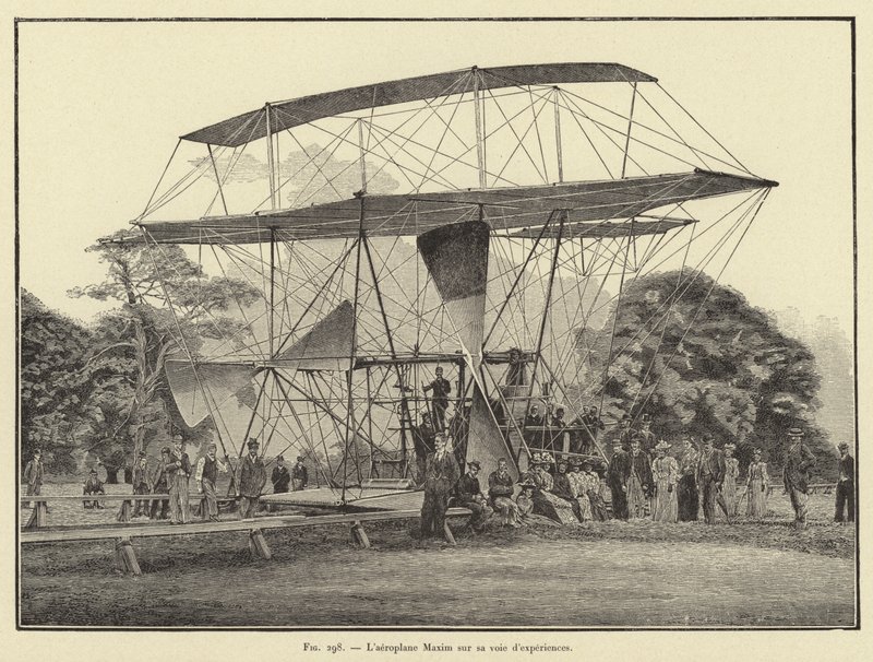 El aeroplano Maxim en su vía de experimentos de French School