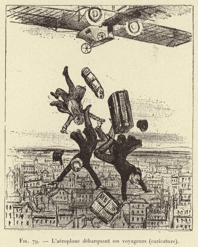 El aeroplano desembarcando a sus viajeros (caricatura) (grabado) de French School