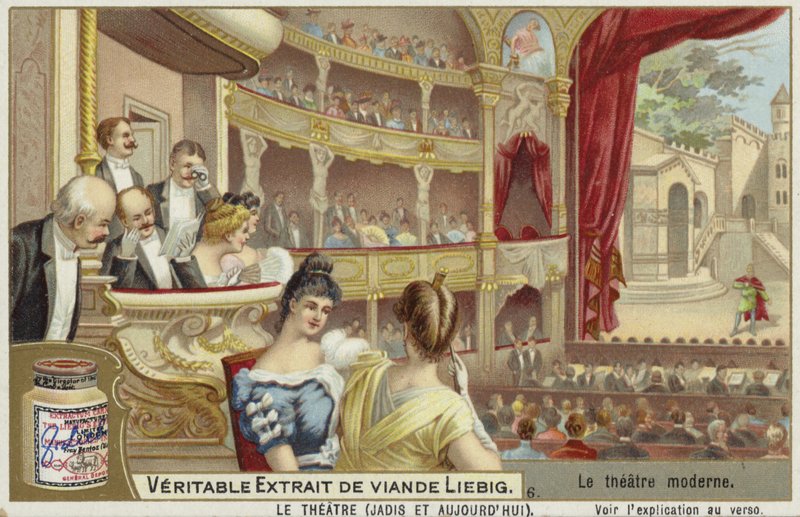 Tarjeta Liebig con un teatro moderno de French School