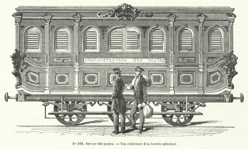 Carro de correo en los ferrocarriles franceses (grabado) de French School