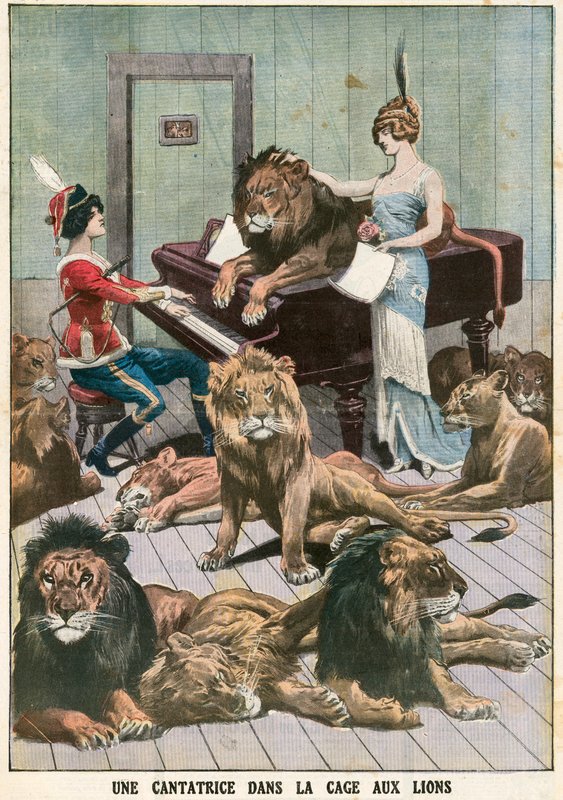 Cantante de ópera en una jaula de leones de French School