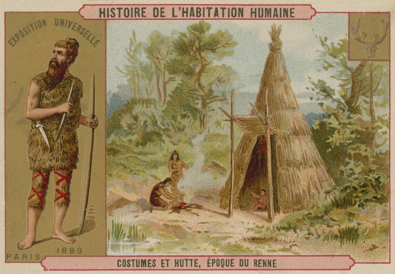 Traje y cabaña prehistóricos de French School