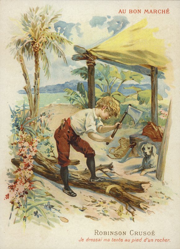 Robinson Crusoe cortando leña de French School