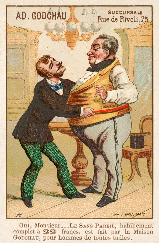 Sastre midiendo a un cliente gordo de French School