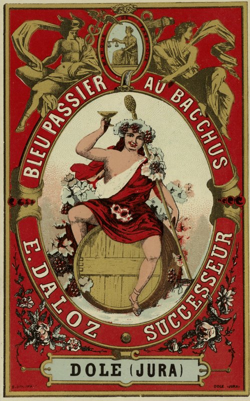 Etiqueta de vino que representa a Baco de French School