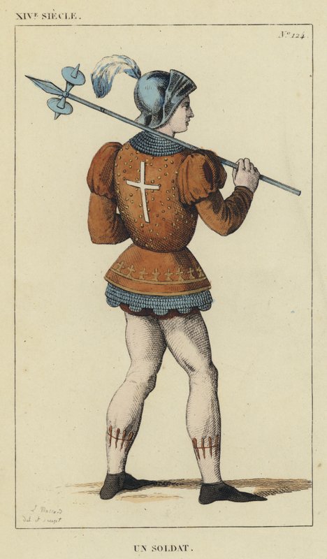 Siglo XIV, Un Soldado (grabado coloreado) de French School