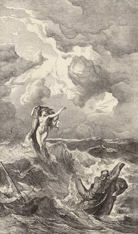 Leucotea y Odiseo (grabado) de Friedrich the Elder Preller
