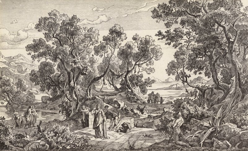 Nausicaa y Odiseo (grabado) de Friedrich the Elder Preller