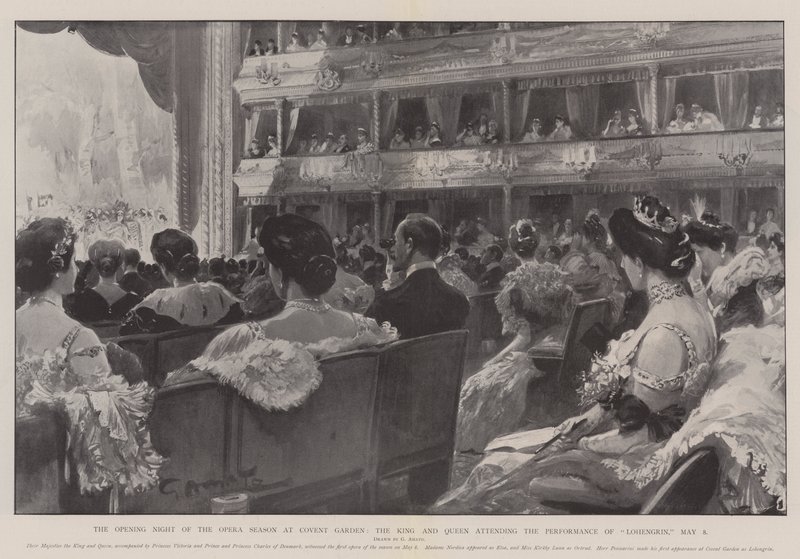 La noche de apertura de la temporada de ópera en Covent Garden, el Rey y la Reina asistiendo a la representación de Lohengrin, 8 de mayo de G.S. Amato