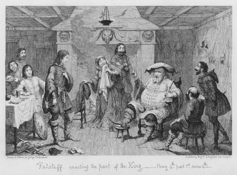 Falstaff representando el papel del rey de George Cruikshank