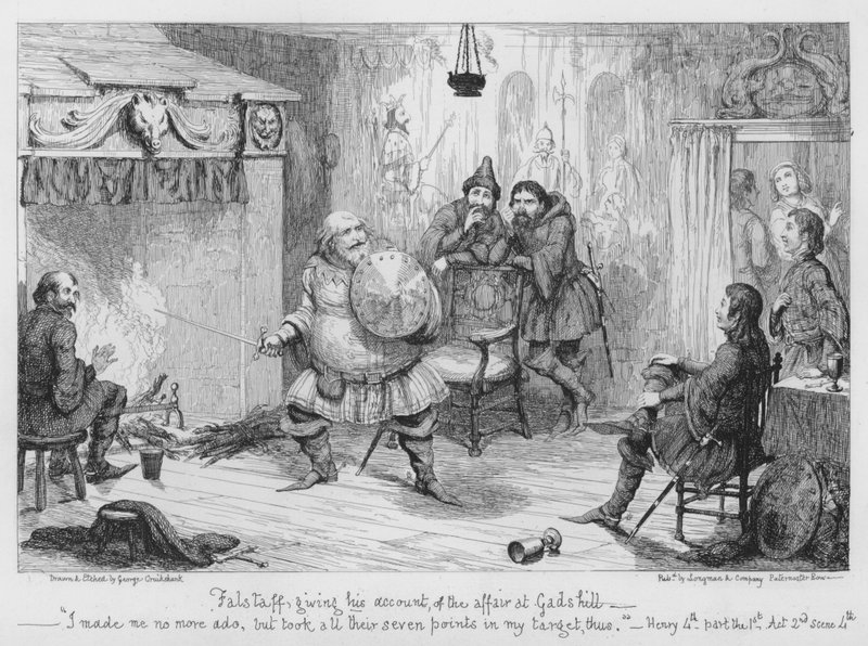 Falstaff dando su versión del asunto en Gadshill de George Cruikshank