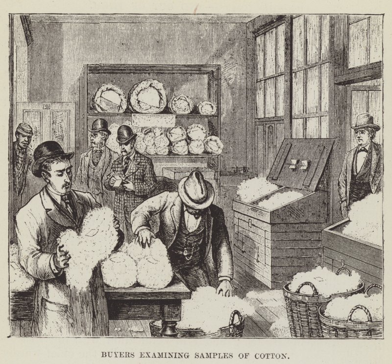 Compradores examinando muestras de algodón de George Augustus Sala