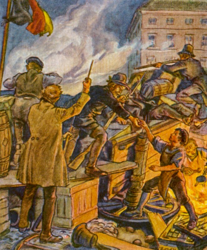 Barrikadenkampf / Lucha de barricadas (litografía en color) de German School