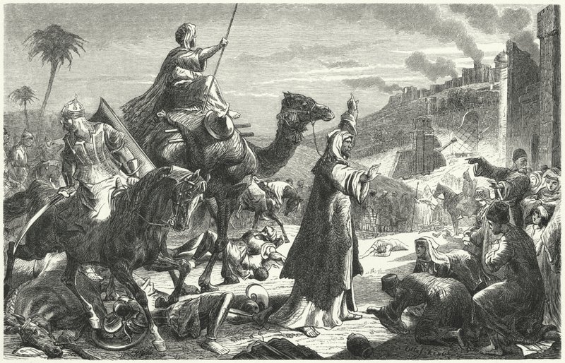 El califa Umar entrando en Jerusalén, 637 (grabado) de German School