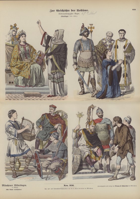 Trajes carolingios francos, siglo VIII (grabado coloreado) de German School