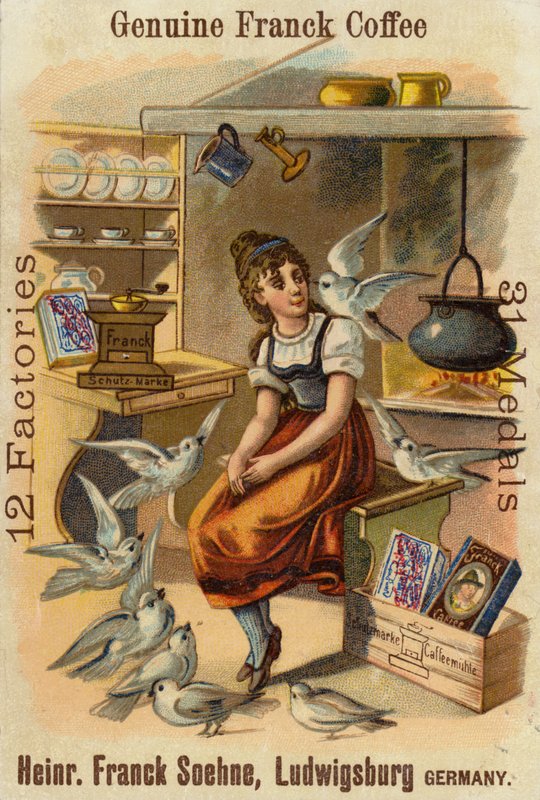 Niña con palomas, anunciando Genuine Franck Coffee de German School