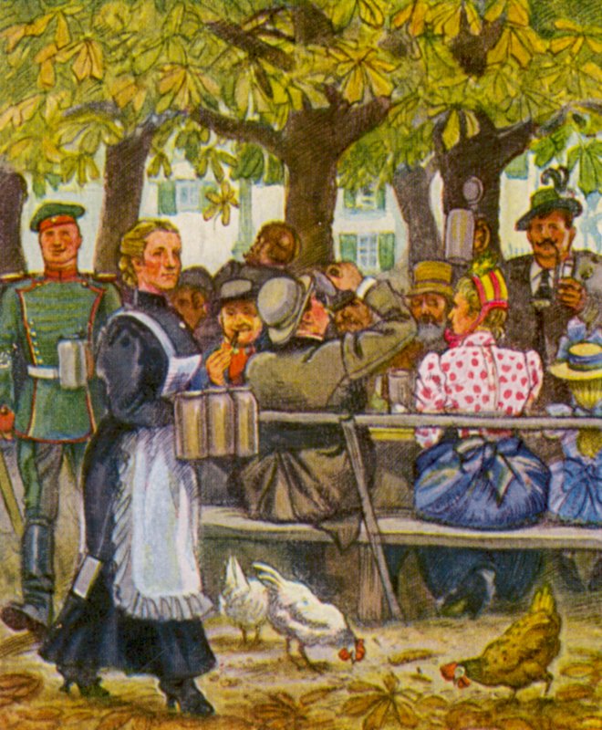Munchener Sommerkeller / Bodega de verano de Múnich (litografía en color) de German School