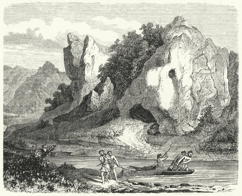 Hombres prehistóricos pescando con redes de German School